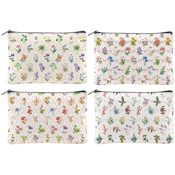 4Pcs Flowers Makeup Bags 5.91x9.06 inch Canvas Cosmetic Bags Floral Bags with Zipper Polycotton Travel Toiletry Pouches Women Party Shopping