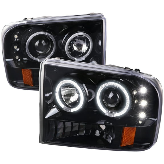 Dual Halo Projector Headlights (Glossy Black Housing/Clear Lens) Made for and Compatible with 1999-2004 Ford Excursion F-250 F-350 F-450 F-550