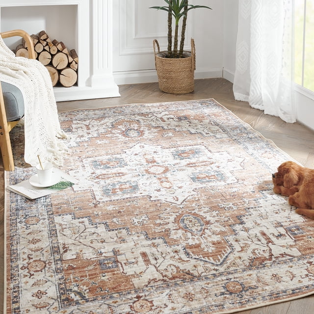 Rugking Area Rug 4x6 Persian Rug Bohemian Indoor Floor Cover Washable Thin Soft Rug Chenille Floral Print Living Room Bedroom Dining Room Orange/Blue