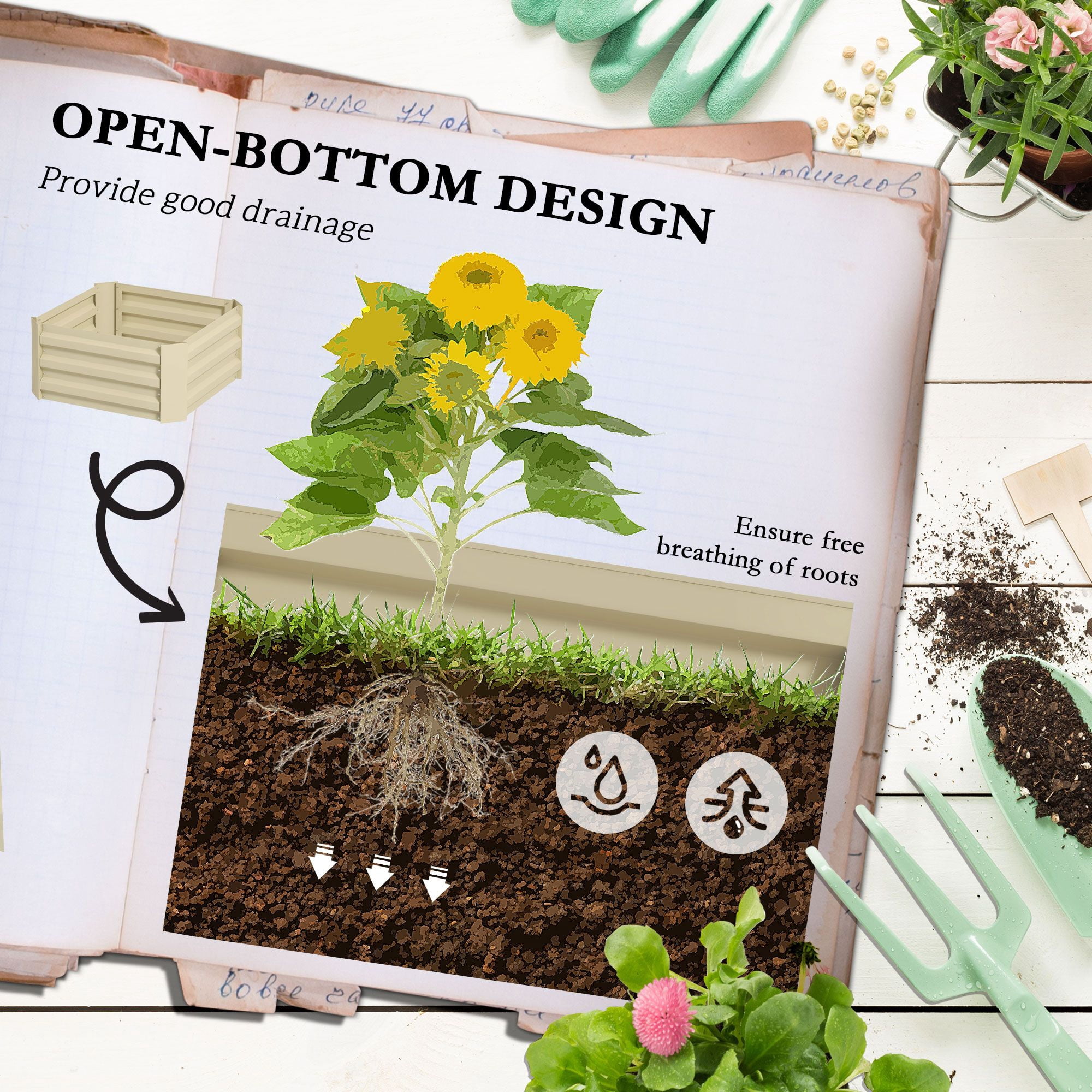Outsunny Galvanized Steel Raised Garden Bed with Adjustable Tomato Trellis Cage, 24" x 24" x 73.5" Cream White Planter for Vegetables and Climbing Vines in Backyard or Patio