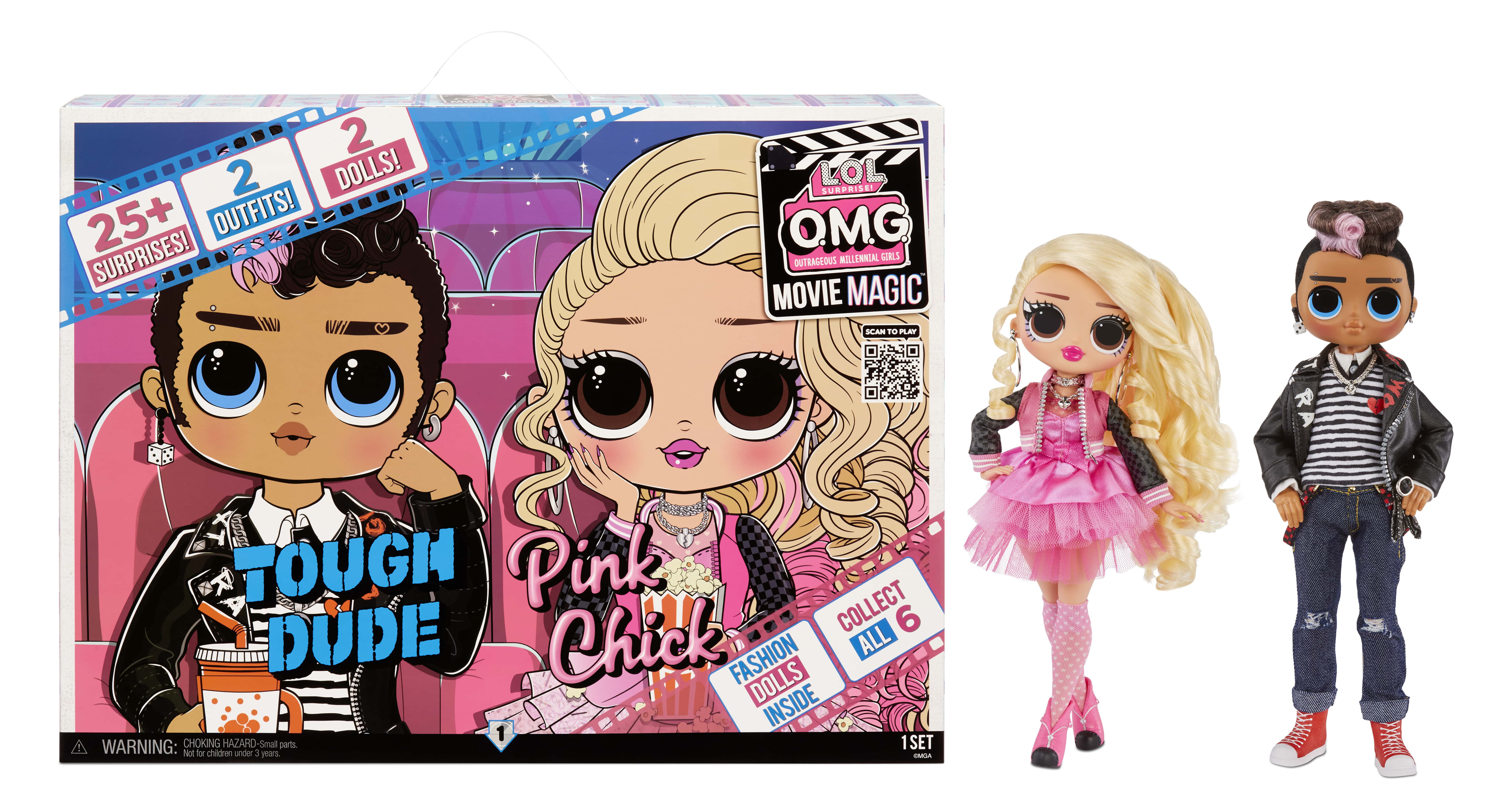 LOL Surprise Omg Movie Magic Fashion Dolls 2-Pack Tough Dude and Pink Chick  With 25 Surprises