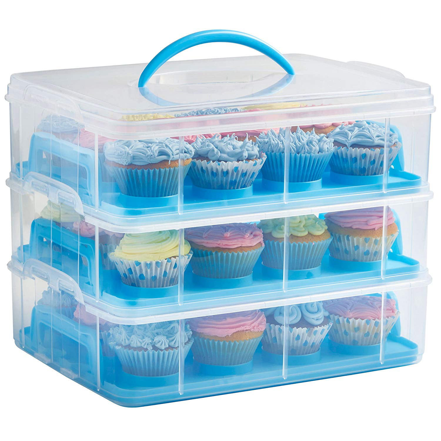 Portable 3 Tier 36 Cupcake Cake Holder Carrier Tray Handle Safe BPA Free Plastic 