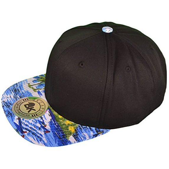 Buck Caps Unisex Floral 6 Panel Flat Bill Snapback Hat (Black/Hawaii YBlue)