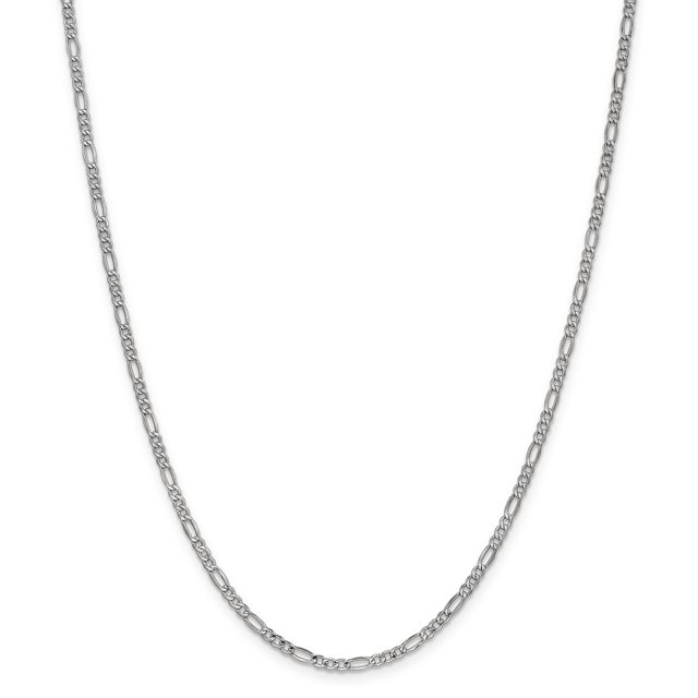 14K White Gold 2.5mm Semi-Solid Figaro Chain Necklace, 16 inches in length, featuring a hollow design with rhodium plating and a lobster clasp. The chain showcases a classic Figaro style with a width of 2.5mm, suitable for elegant and everyday wear. Includes a gift box for presentation or storage.