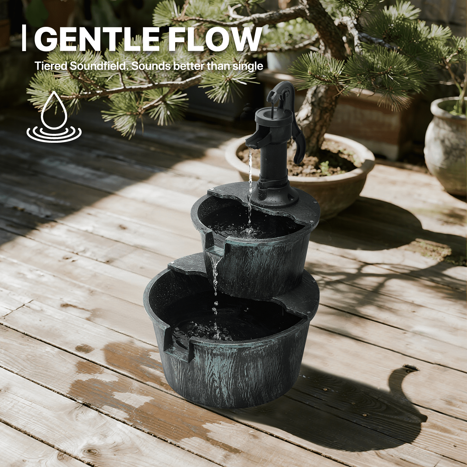 MoNiBloom 2-Tier Barrel and Pump Fountain Outdoor, 27" Tall Cascading Waterfall Fountain with Electric Recirculating Pump for Garden Patio Backyard Decor, Green