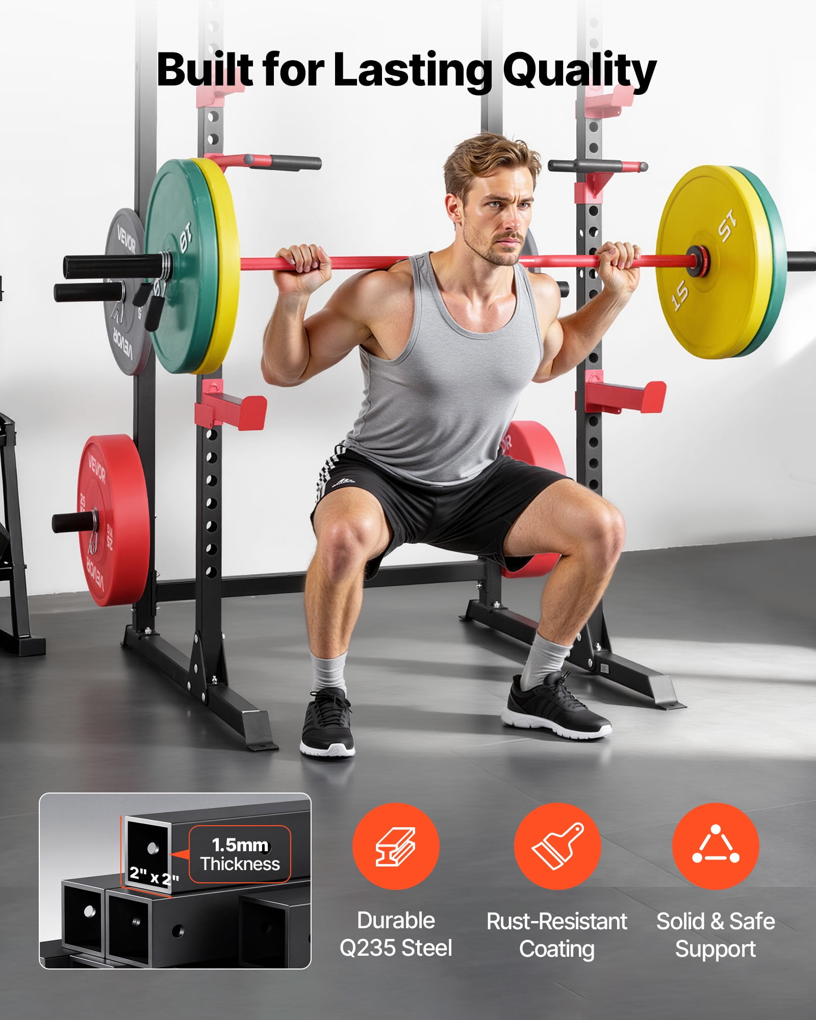 VEVOR Power Cage Power Rack, Multifunctional Barbell Squat Rack with Adjustable Height, Home Gym Strength Training Workout Equipment with J-Hooks & More Fitness Attachment