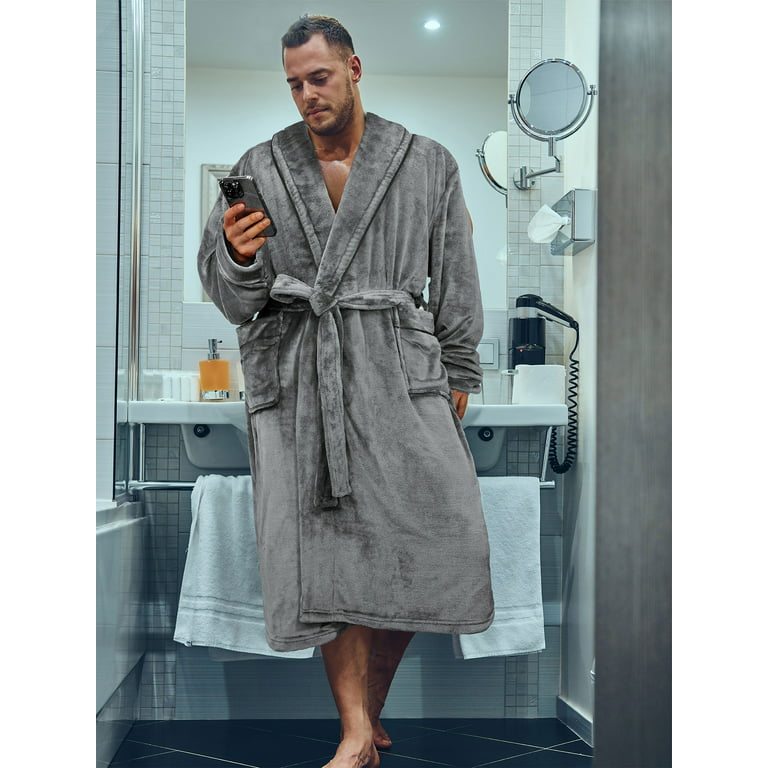 Pavilia Mens Soft Robe, Plush Warm Bathrobe for Men, Long Spa Robe with Shawl Collar, Pockets, Trim Piping (Grey), Men's, Size: One size, Gray
