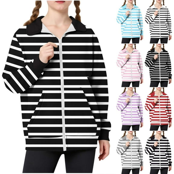 MKOSPLRT Zip Up Sweatshirts Jacket Kids 5-15Y Striped Casual Jackets Long Sleeve Stand Collar Fall Jacket with Pocket for Girl Boy