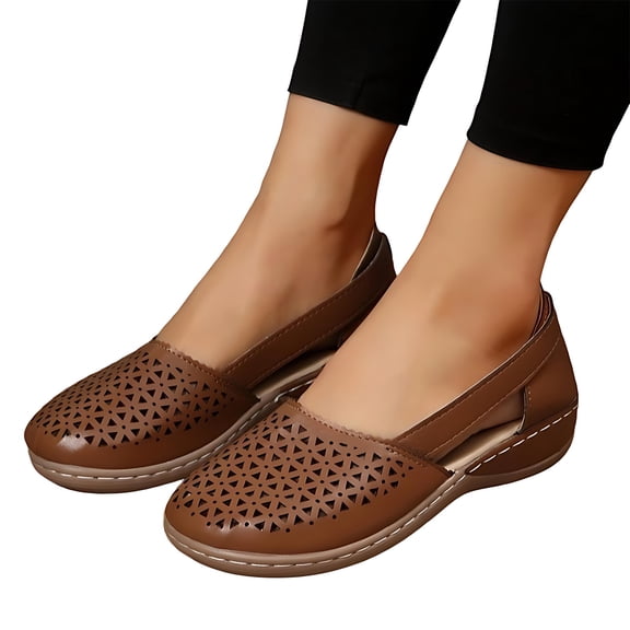 Norvail Closed Toe Sandals for Women Hollow Casual Flats Orthotic Wedge Dressy Comfortable Shoes Beach Outdoor Walking Slippers Orthopedic Out Summer Carved Vintage Slip on Round Hollowed