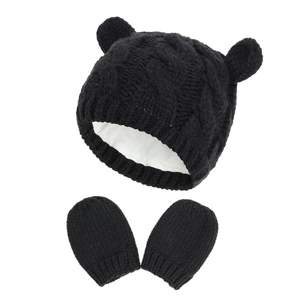 Gorro y guantes para bebé, conjunto de guantes y gorro para bebé, gorros de punto de invierno, gorros para bebé recién nacido de 0 a 2 meses (S; negro)