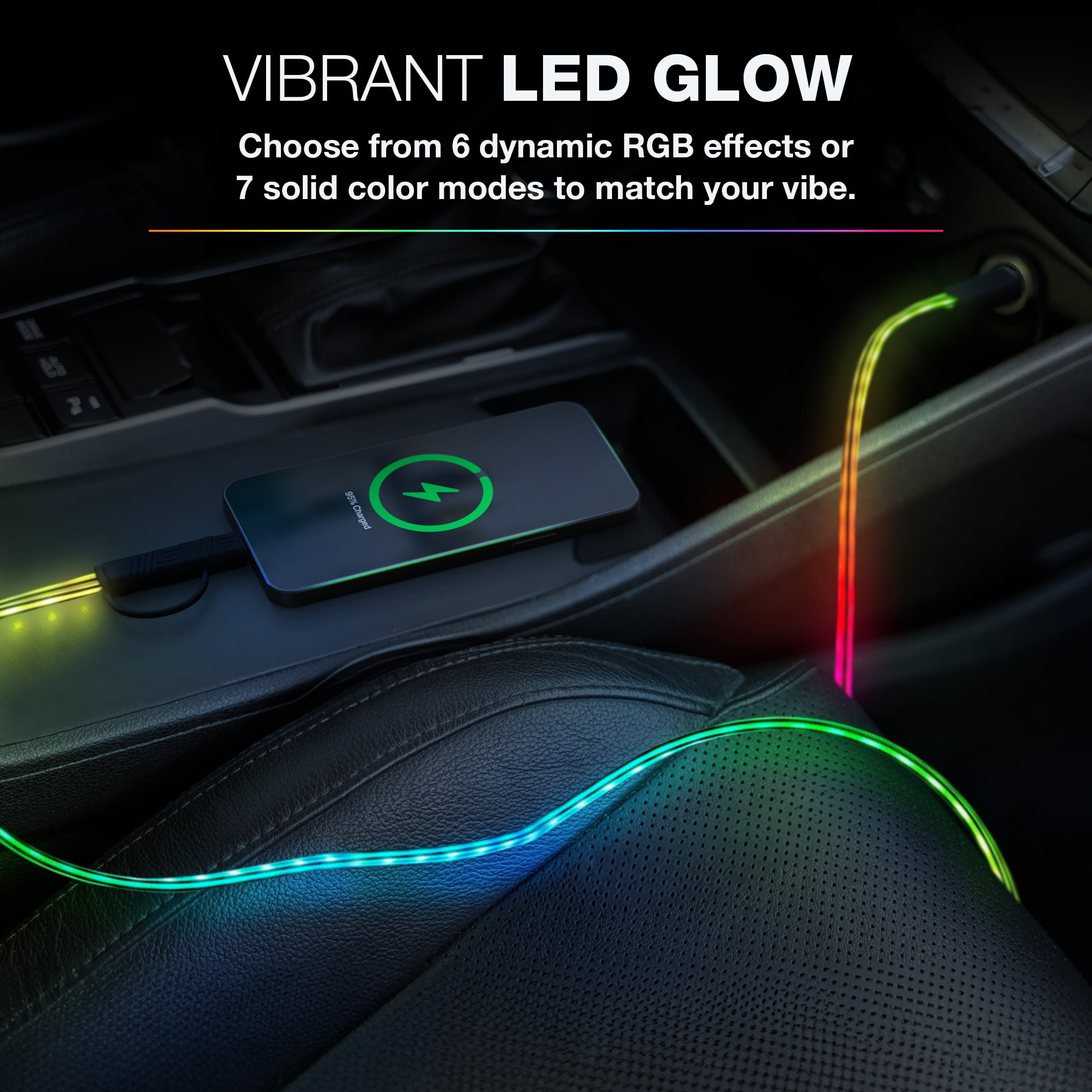 TYPE S Charge & Glow LED Charging Cable, USB-A to USB-C with Lightning Adapter, 3 FT, 10+ Light Modes with Touch Button Control, AC535224