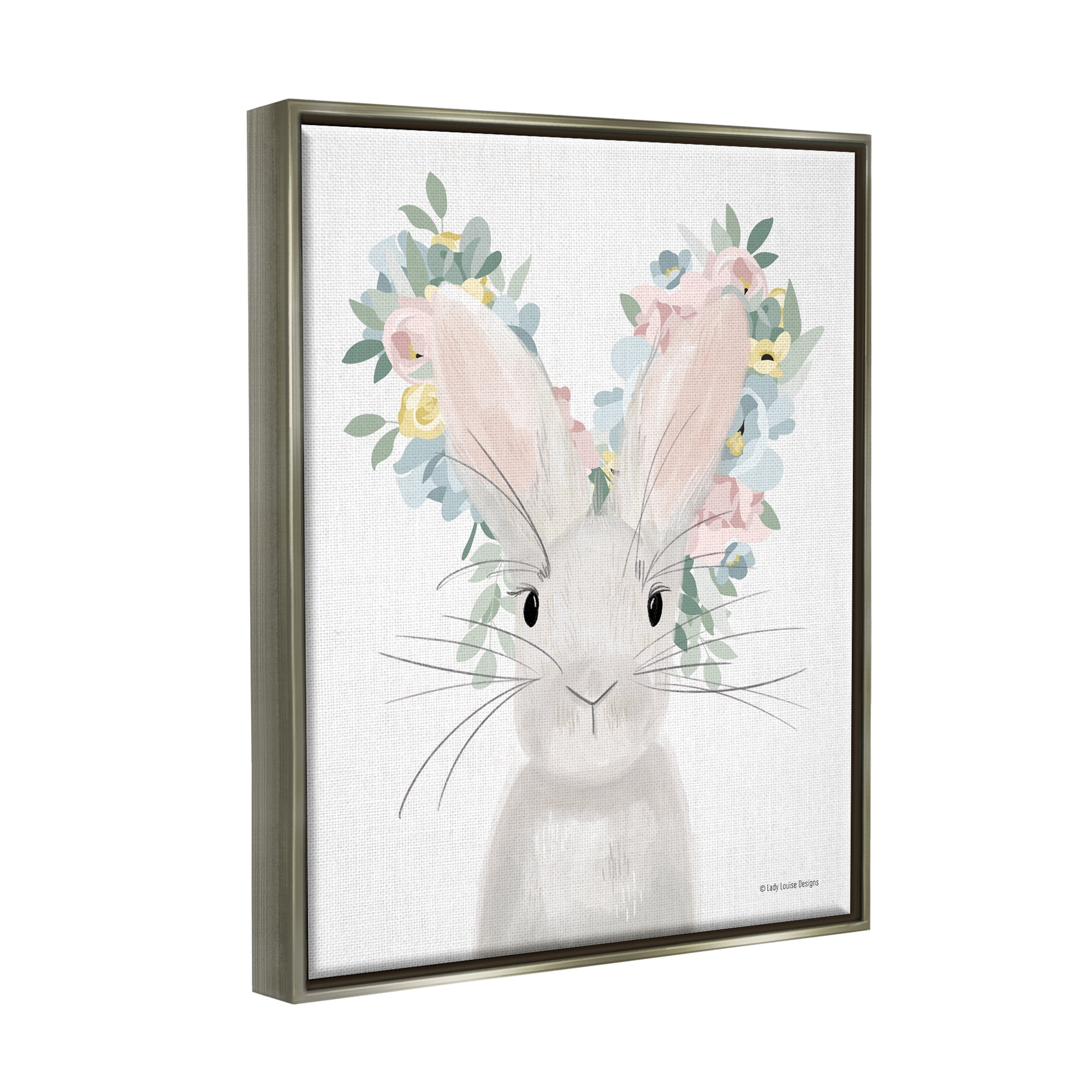 Stupell Floral Bunny Rabbit Blossoms Animals & Insects Painting Gray Floater Framed Art Print Wall Art