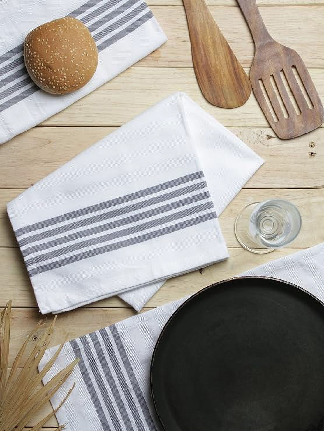The Weaver's Blend 100% Cotton Kitchen Towels with Grey Stripe Design | Kitchen Towels and Dish Cloths | Size 28”x18” | Set of 6