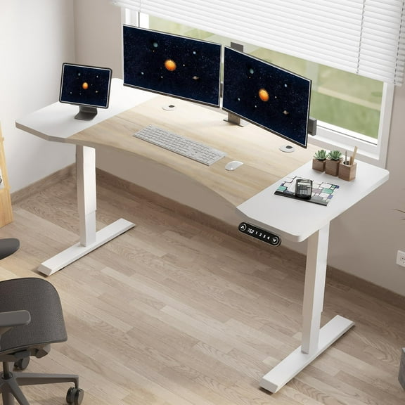 Dual Motor Electric Standing Desk, 63 x 30 Inches Height Adjustable Table with Splice Board, Ergonomic Sit Stand Computer Desk with White Frame/Oak  White Top
