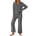 thumbnail image 2 of VBTAPA Women 2 Piece Lounge Pajamas Sets Casual Ribbed Knit Long Sleeve Top Pants Matching Set Button Down Sleepwear Loungewear Dark Gray S, 2 of 8