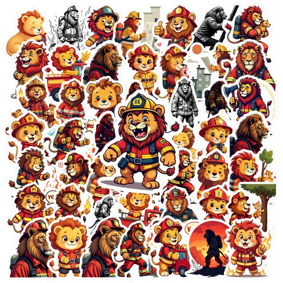 cartoon Lion Firefighter Stickers, Waterproof Lion Firefighter Sticker for Water Bottle Laptop Phone Cases Planner Skateboard Luggage Helmet Party Favor Decor, Ideal for Adults Teens Teacher Rewards