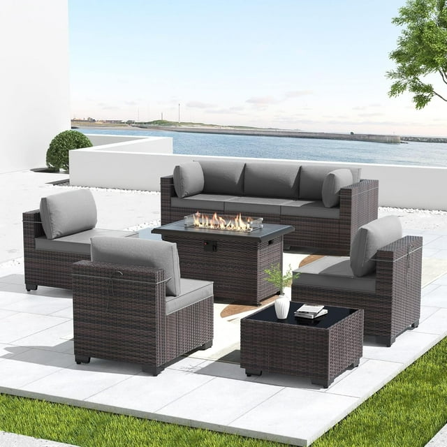 Kullavik 8-Piece Outdoor Patio Furniture Set with 55,000 BTU Fire Pit Table, PE Wicker Rattan Sectional Sofa & Coffee Table, All-Weather Waterproof Furniture for Backyard,Grey
