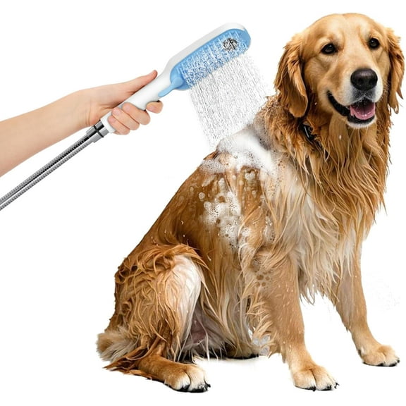 Dog Shower Wand Attachment with 4 Adjustable Spray Patterns for Indoor/Outdoor Use, Pet Shower Hose for Easy Installation, Dog Shower Brush for Bathing and Grooming, Blue/White