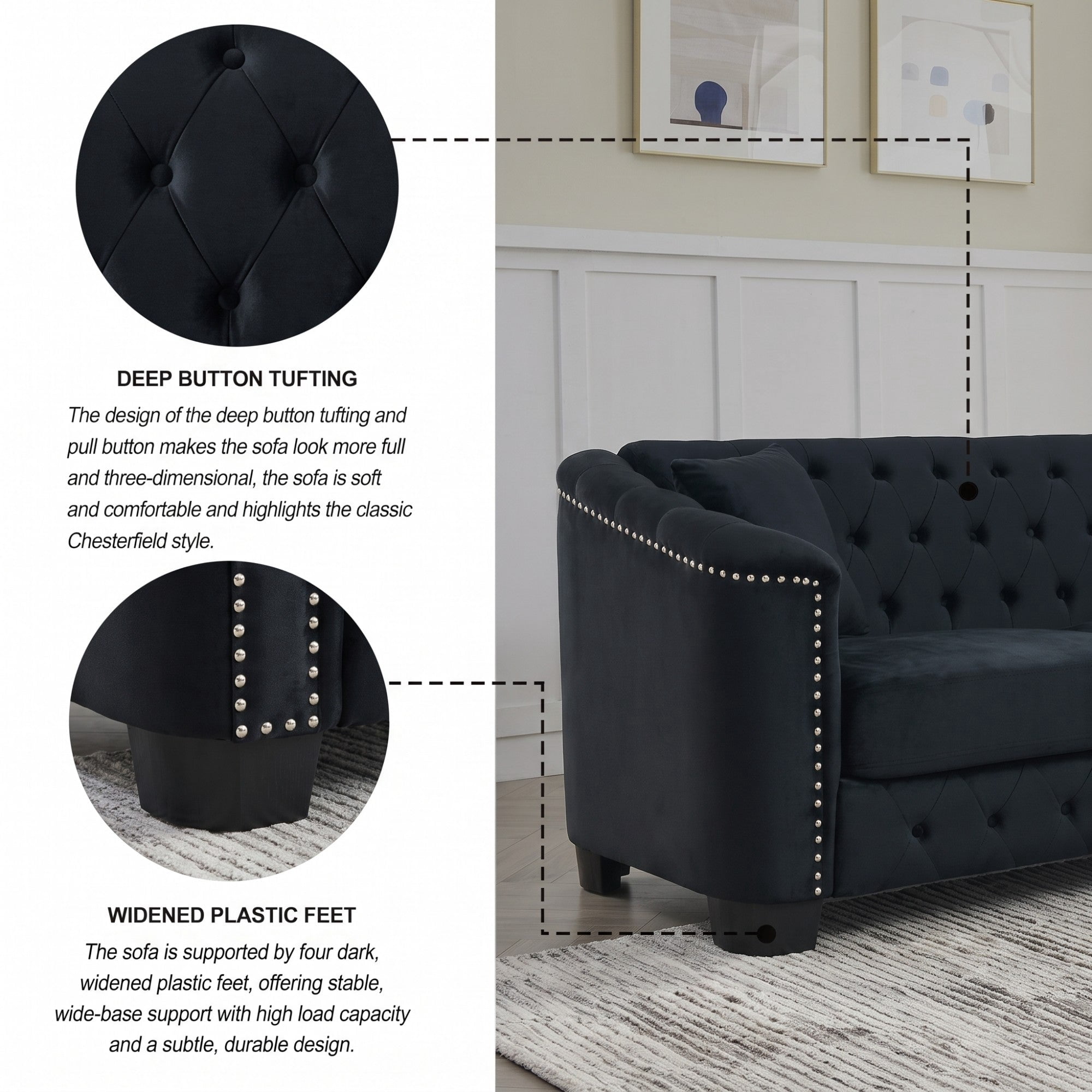 Sailvan 77" Modern Chesterfield Velvet Sofa, 3-Seater Tufted Upholstered Couch with Nailhead Trim & 2 Pillows for Living Room, Office Black