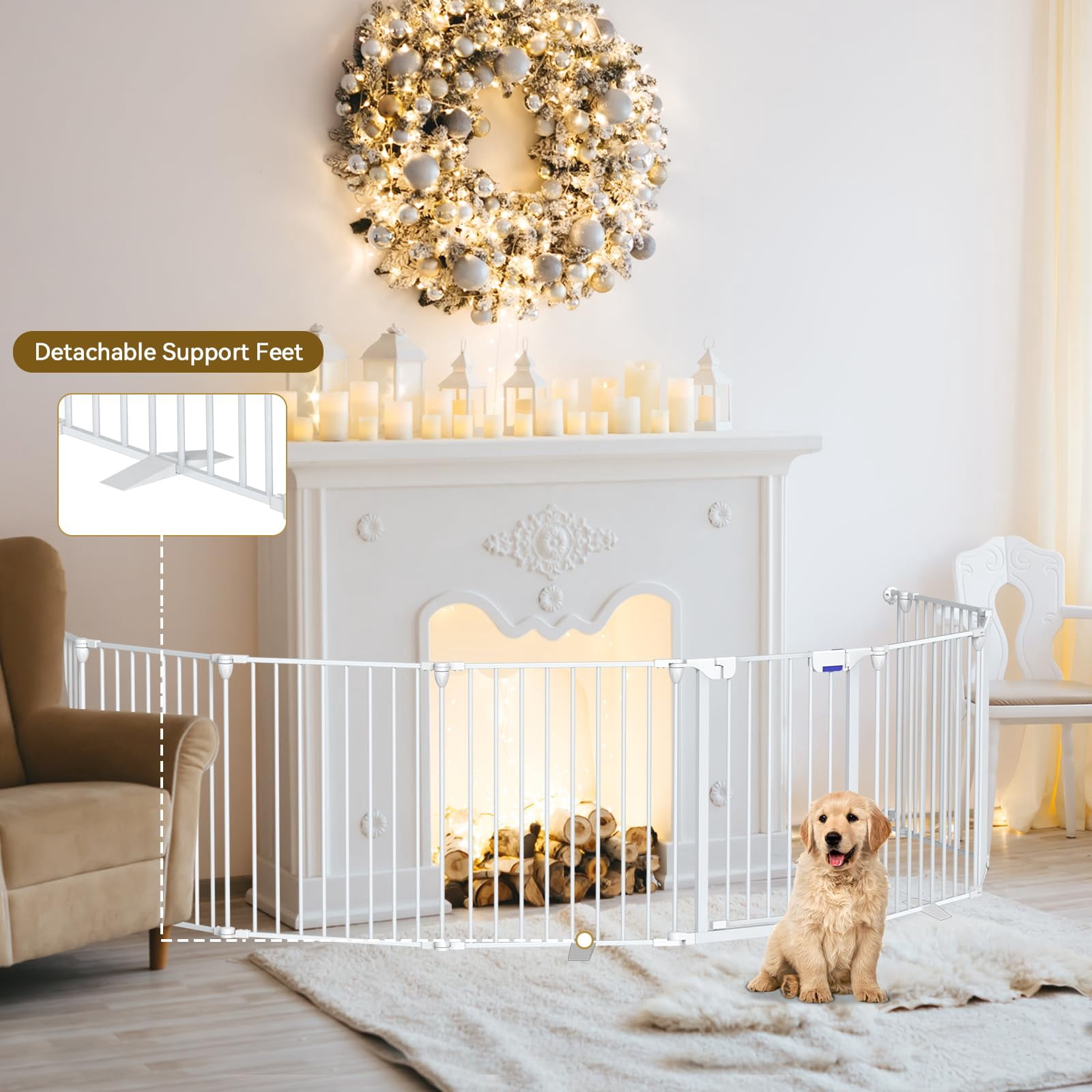 Kfvigoho Dog Gate 35"-149" Extra-Wide Gate for Stairs, Freestanding wire pet door, fireplace dual-locking system with automatic door closing feature, collapsible 6 steel panels (White, 8 panels)