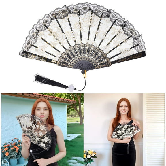 GIXUSIL Lace Hand Folding Fan, Wedding Fan,Chinese Foldable Handheld Fan for Women ,Rose Lace Fan Folding Folding Fan Dance Dance Ancient Style Hanfu Plastic Fan Black