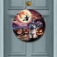 thumbnail image 2 of Spooky Halloween Night Witch Cairn Terrier Glowing Pumpkins Round Wood Sign Cairns Dog Lover Hanging Wall Home Decor - 12015, 2 of 5