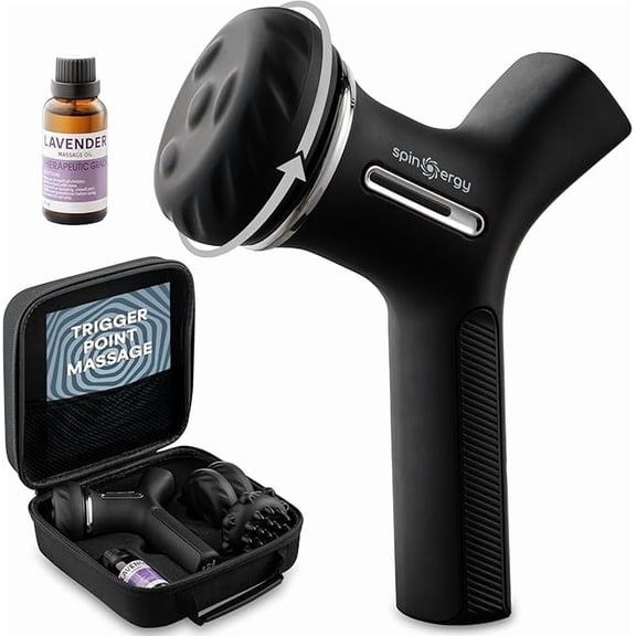 LifePro Spinergy Portable Massage Gun - Deep Tissue Rotary Massager Gun Handheld Massager for Sore Muscles with 6 Speeds, 4 Heads & Massage Oil - Black