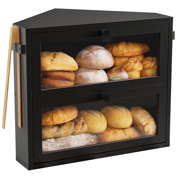 WOWLIVE Corner Bread Box for Kitchen Countertop, Large Double Layer Bread Storage Container for Homemade Bread, Black Bread Holder for Kitchen Counte