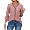 thumbnail image 3 of Hibeli Womens Crochet V Neck 3/4 Sleeve Solid Color Blouse, 3 of 7