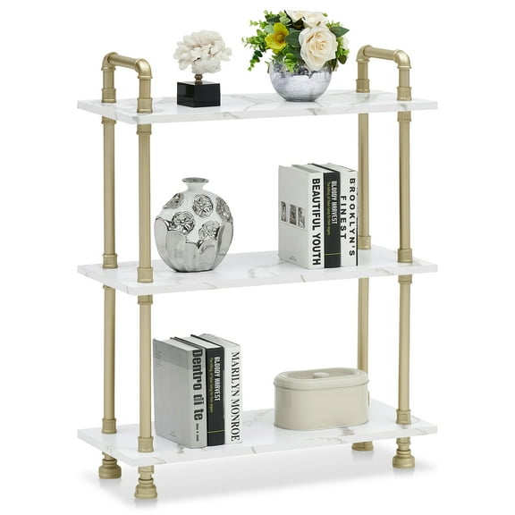 Ivinta Bookshelf 3-Tier Bookshelves, Open Etagere Bookcase, Simple Wood Shelves with Metal Frame (White Faux Marble Shelf)