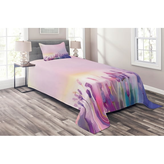 Ambesonne Pink Quilted Coverlet 2 Pcs, Lavender Violet Flowers, Twin Size, Lilac Purple