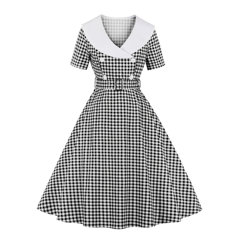 Womens Plaid Vintage Dress Double Breasted Lapel Short Sleeve Belted Swing  Dress Elegant Cocktail Party Midi Dress