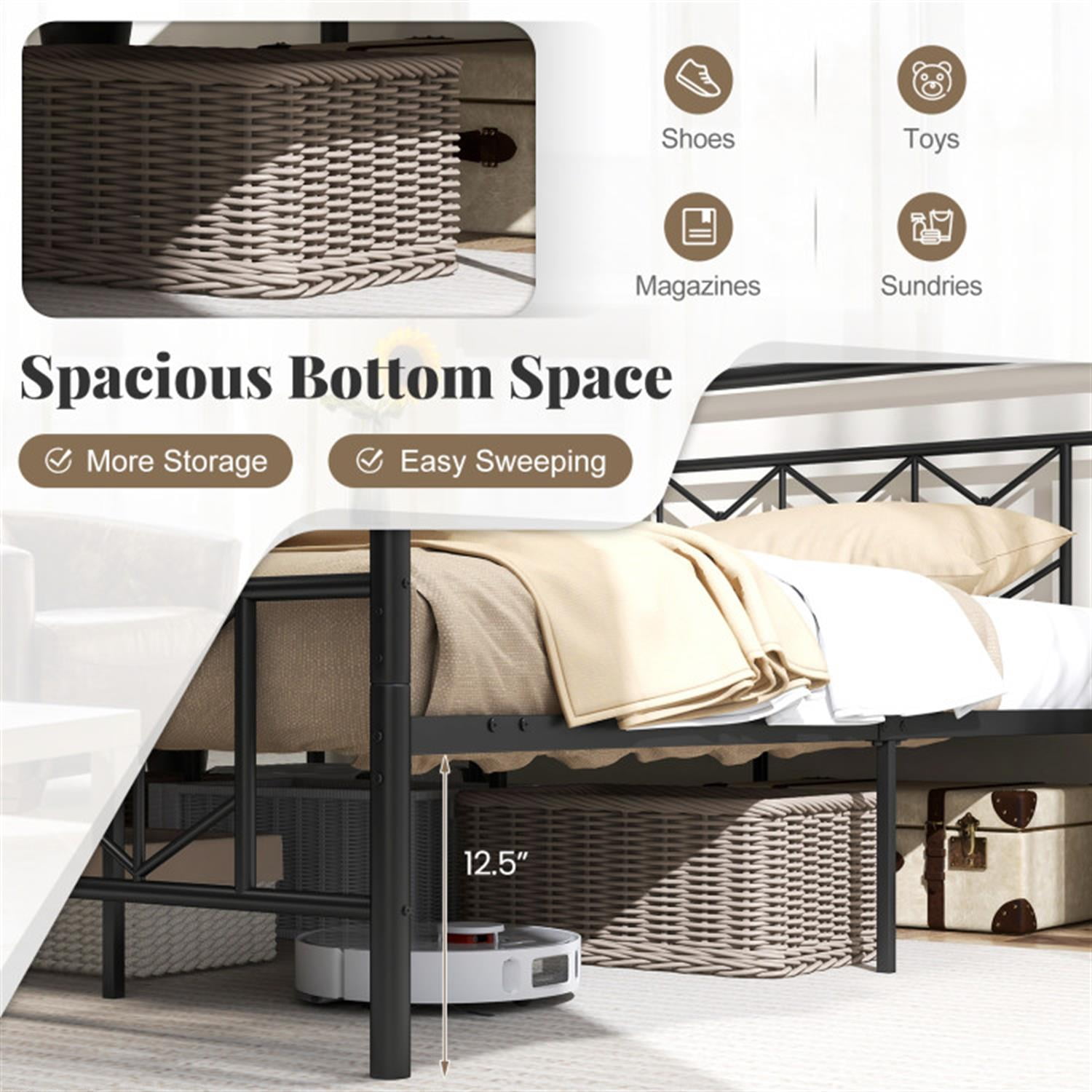 Demi Bonn King Size Bed Frame with High Headboard and Snap Lock Metal Slats, Platform Bed Frame with Under Bed Storage, No Box Spring Needed, Black