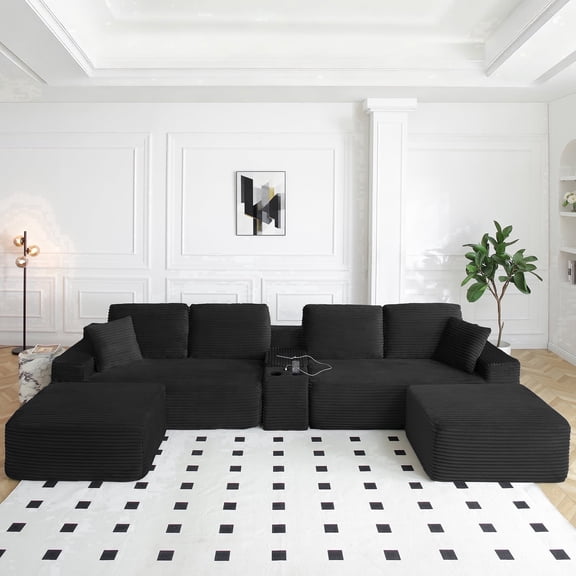 Vanress 125" Modular Sectional Sofa for Living Room, Modern Corduroy Boneless Couch, Cloud Couch Sectional with 2 Ottoman, U Shaped Deep Seat Couch with USB Ports & Storage, No Assembly, Black