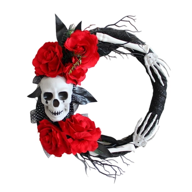 Corona gótica de Halloween con rosa roja y mano esquelética para decorar puertas, paredes, salones y fiestas en casa