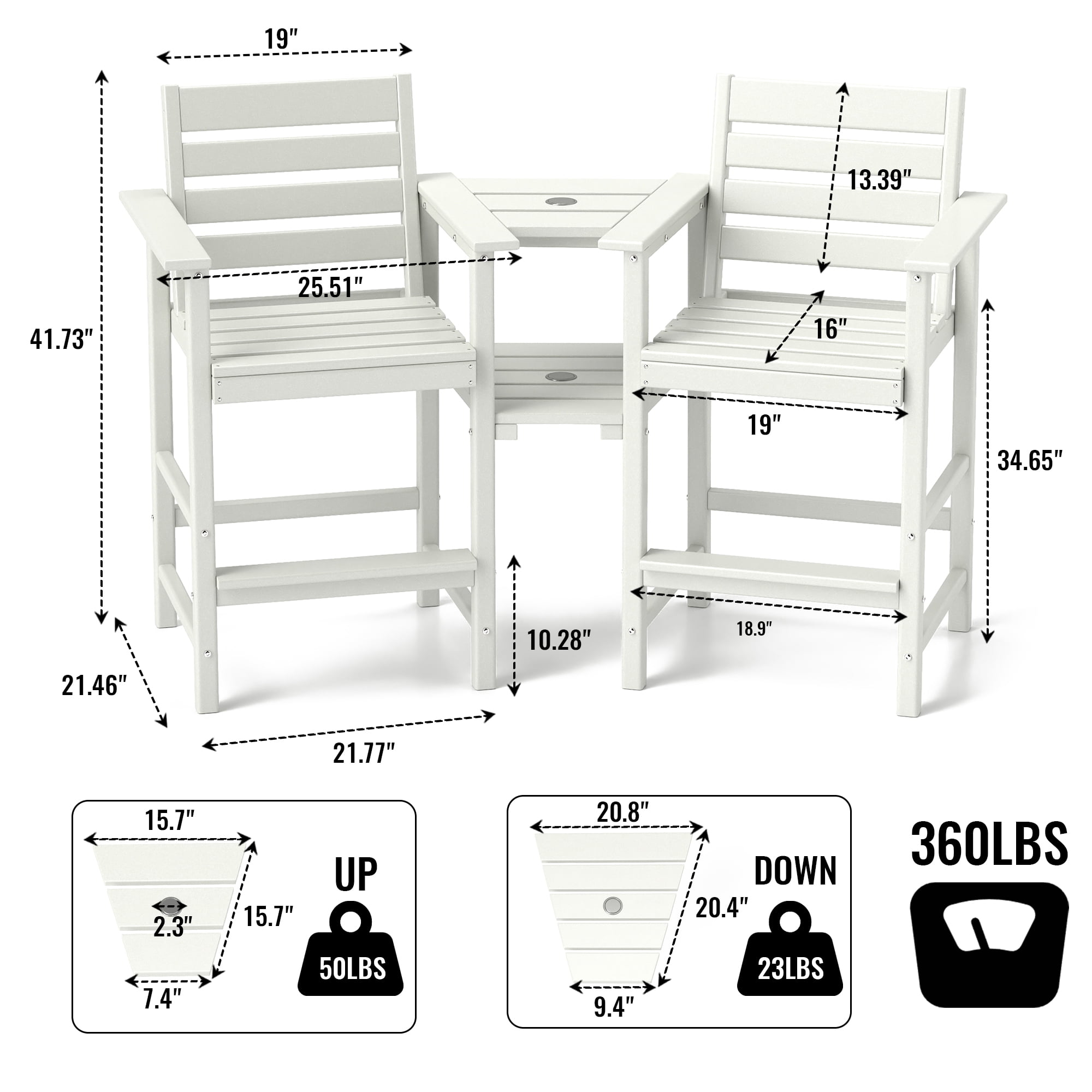 FOOWIN HDPE Plastic Tall Adirondack Chair Set of 2 W/ Outdoor Barstools and Connecting Tray, White