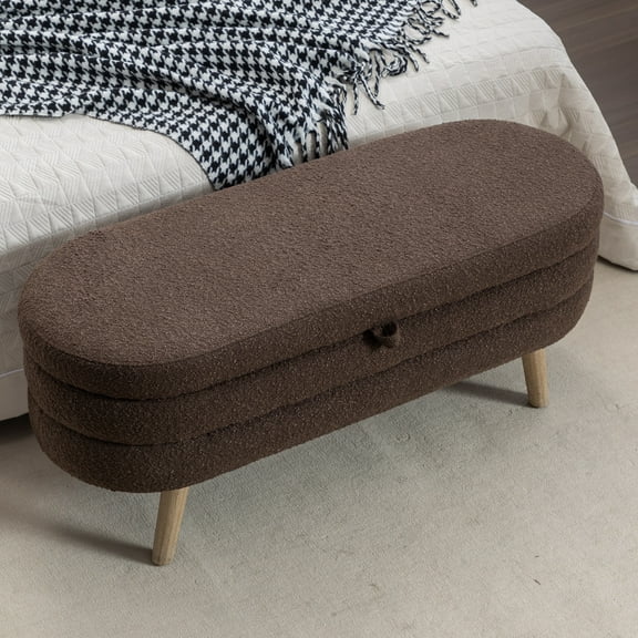 036-Boucle Fabric Storage Bench Bedroom Bench With Wood Legs For Living Room Bedroom Indoor,Brown