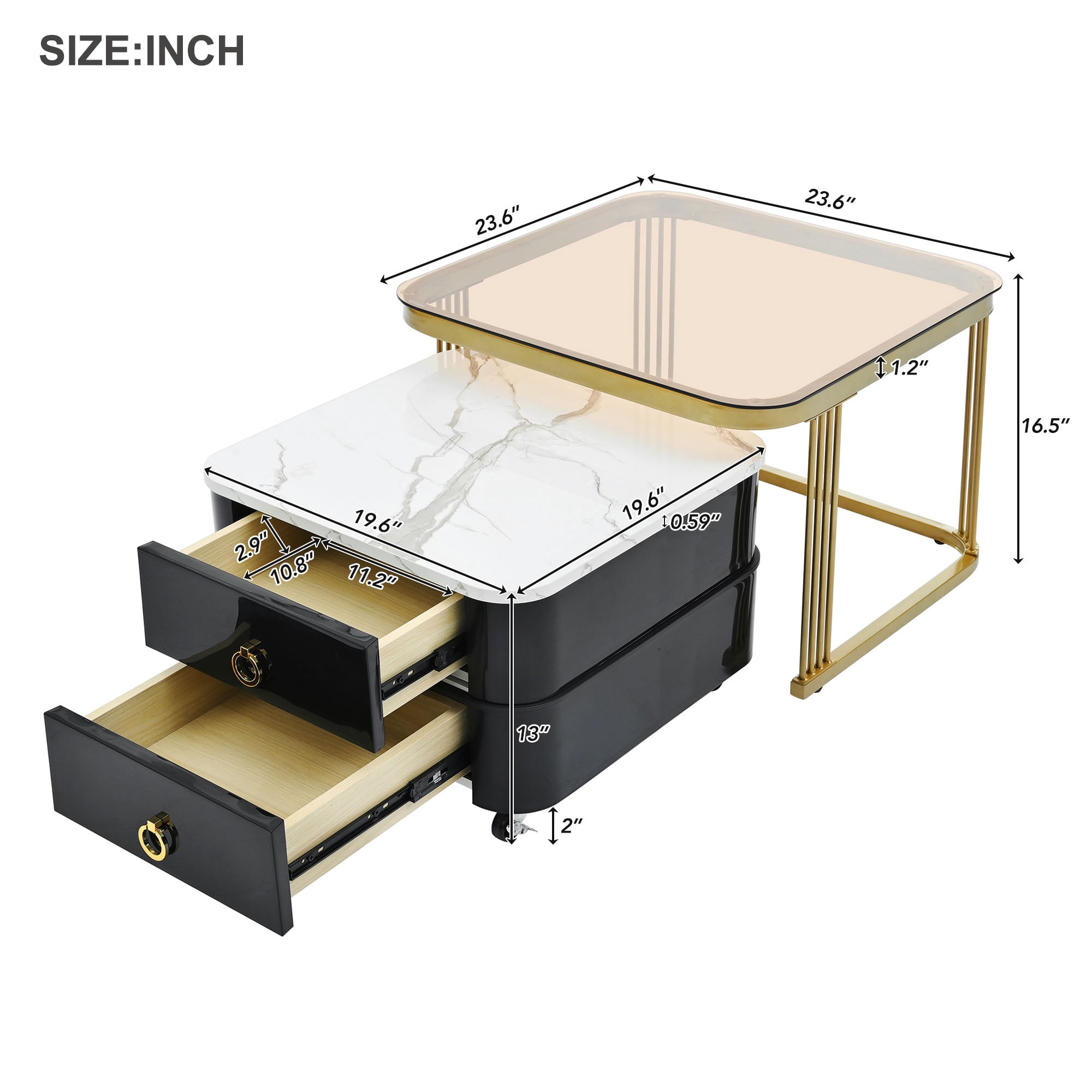 PORKISS 2-in-1 Nesting Coffee Table, Modern Square Coffee Table with Wheels and Drawers, Small Stacking Coffee Table with High Gloss Marble Grain Top and Tempered Glass for Living Room, Black/ Gold
