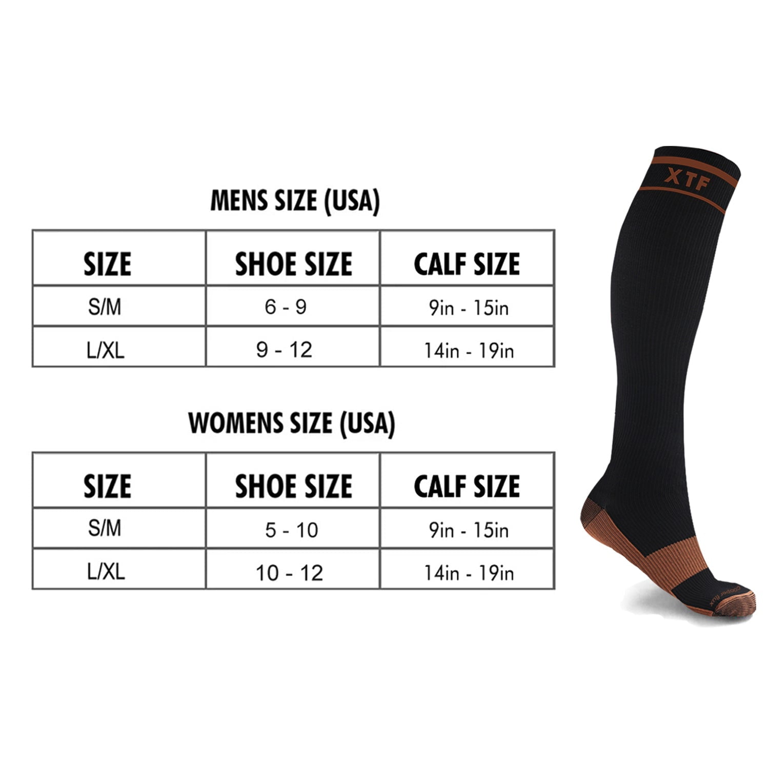  Copper Compression Socks (2 Pair) For Men Women 10-20 mmhg  below Knee Over the Calf For Sports Medical Travel (Black/Copper,  Small/Medium) : Clothing, Shoes & Jewelry