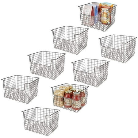 mDesign Metal Kitchen Pantry Food Storage Organizer Basket - Farmhouse Grid Design with Open Front for Cabinets, Cupboards, Shelves - Holds Potatoes, Onions, Fruit - 12
