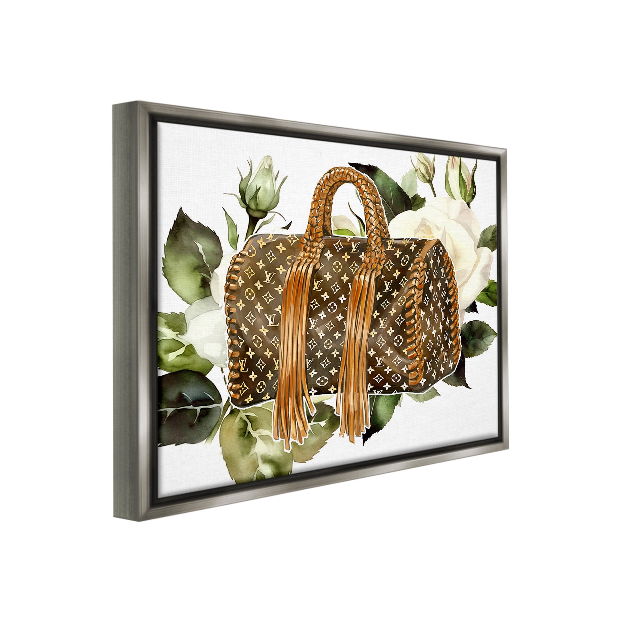 Stupell Industries Designer Purse with Roses Beauty & Fashion Painting Gray Floater Framed Canvas Art Print Wall Art, 21 x 17