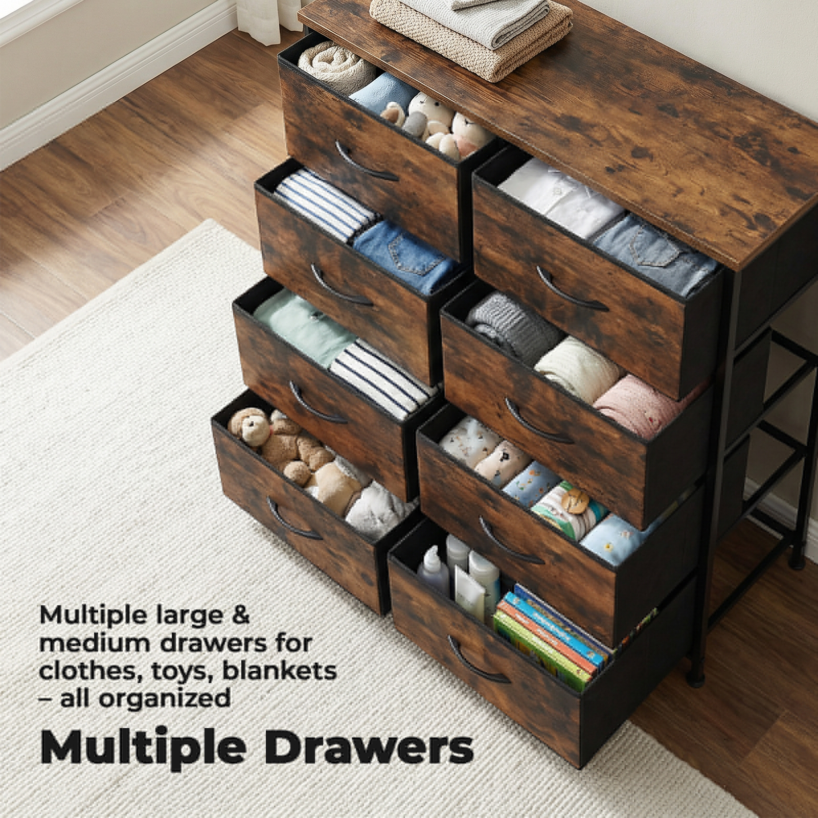 Alvantor Tall Fabric Storage Tower with Wooden Top for Bedroom and Closet