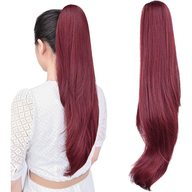 ORUYROP Extension de Queue de Cheval, extensions de Cheveux à Pince Griffe de 22 Pouces Queue de Cheval Cheveux Longs et Lisses Extension de Cheveux Pièce de Cheveux Synthétique d'Apparence Naturelle pour Femmes Bourgogne