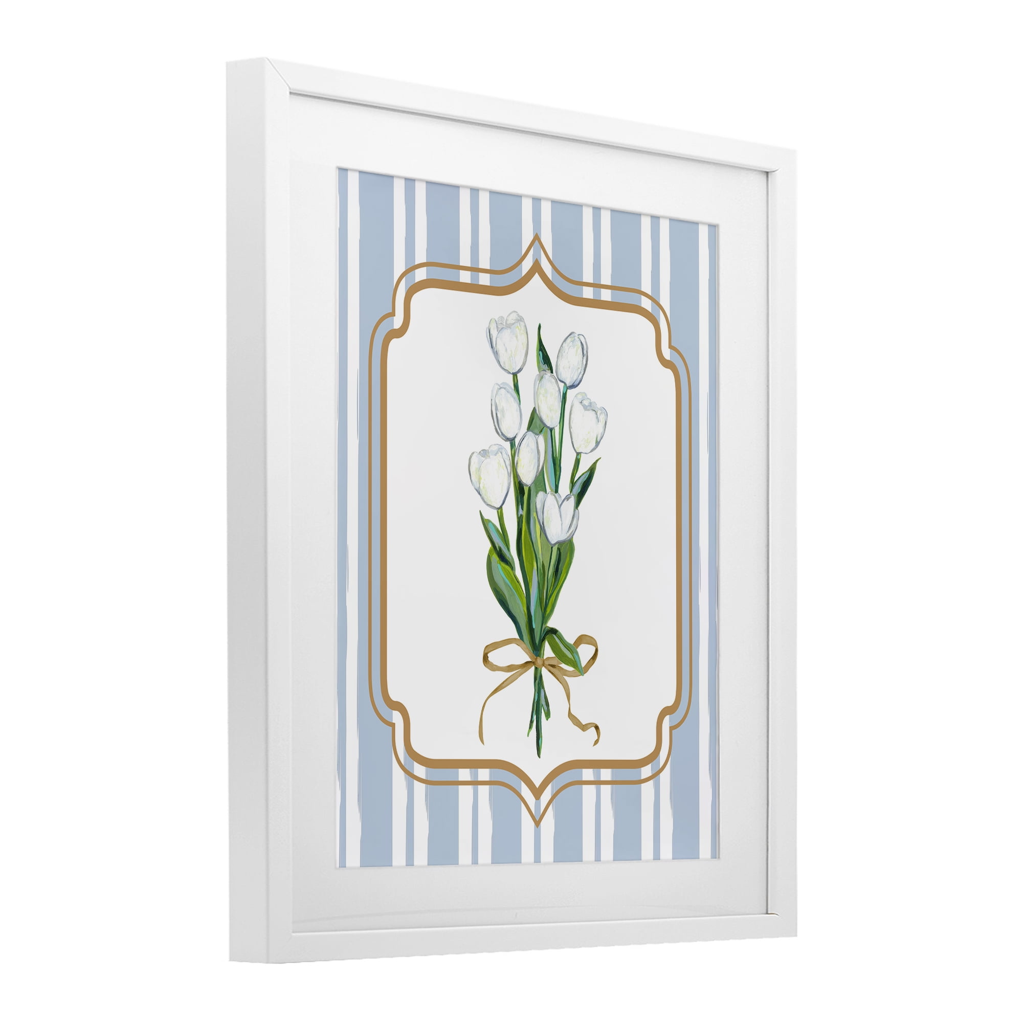 White Tulip Bouquet & Stripes White Framed Print Under Glass, design by Adonna Ebrahimi