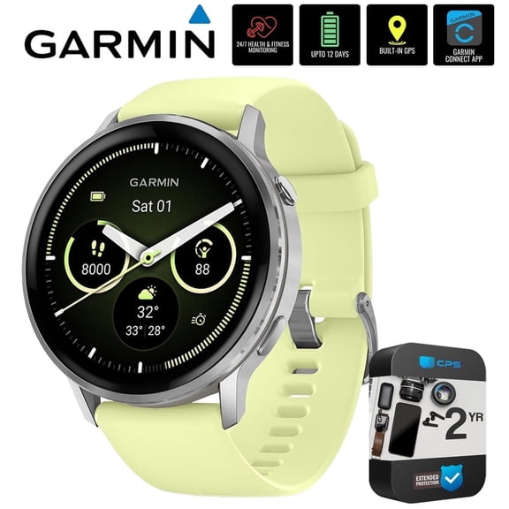 Garmin 010-03014-02 Venu 4, 45 mm Health & Fitness GPS Smartwatch, Silver with Citron Silicone Band Bundle with 2 YR CPS Extended Warranty