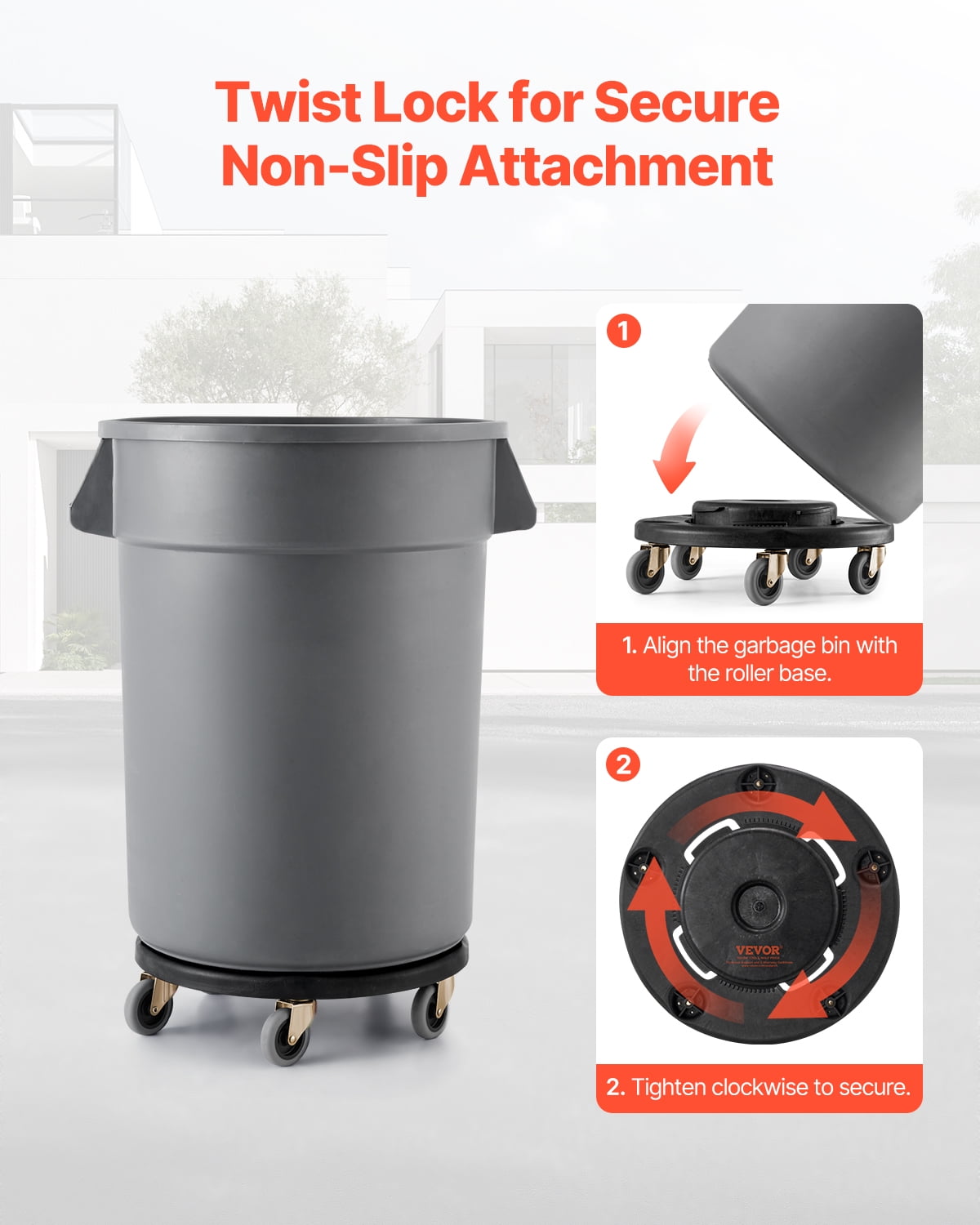 VEVOR Trash Can Dolly, Fit 20, 32, 44, 55 Gallon Containers, Round Trash Can Roller Base with 4 Lockable Wheels, 500lbs Weight Capacity, Heavy Duty Barrel Dolly, Multi-Functional Rolling Dolly Cart