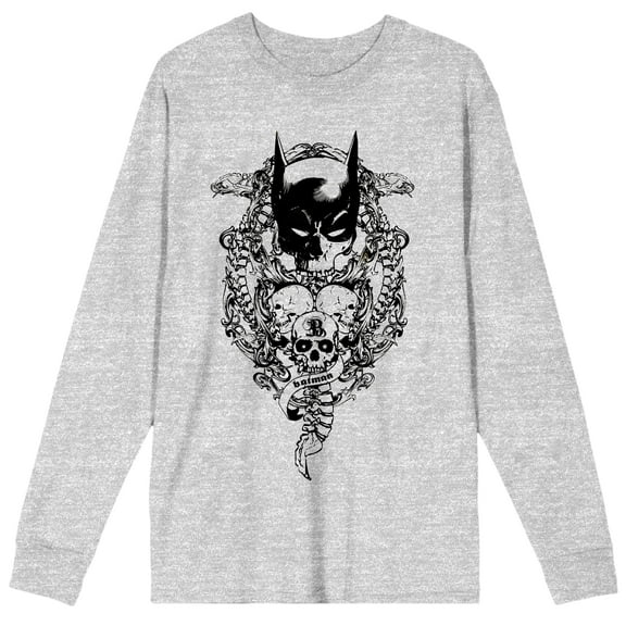 Batman Bat Mask With Three Skulls Men's Athletic Heather Gray Crew Neck Long Sleeve Graphic Tee-Large