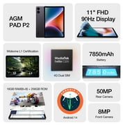 AGM PAD P2 Android 14 Tablet, 11 inch FHD IPS Display, 1200X1920, MTK G99, w/Widevine L1 Certification, Quad Box Stereo Speakers, 7850mAh, 8+ 256GB[Expandable to 2TB], GPS, Compass, OTG, WiFi