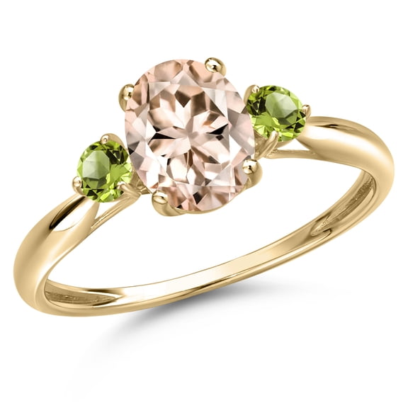 Gem Stone King 10K Yellow Gold Peach Morganite and Green Peridot 3-Stone Ring for Women | 1.24 Cttw | Oval 8X6MM | Gemstone October Birthstone | Size 9