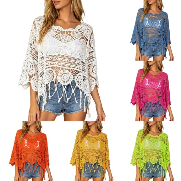 Gaexia Elegant Lace Beach Cover Up Womens Crochet Tops Summer Boho 3/4 Sleeve Crewneck Lightweight Hollow Out Knit Top Summer Beach Swimsuit Coverup